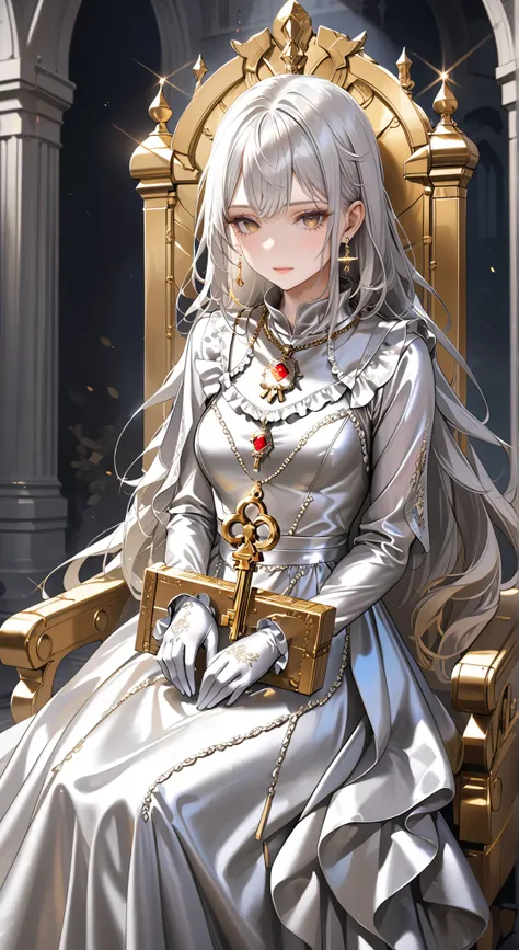 portrait、god々Shining light、( masterpiece, top quality, Ultra High Resolution ),Extremely detailed CG, Japanese woman with pale silver hair,(( beautiful face)),(( long sleeve long dress made of pale silver satin))、((The dress has a simple design without e...