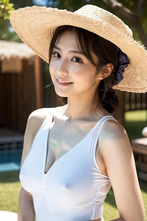 { small tits:1.2｝、{Zuo々Nozomi:1.3}、Japanese actress、Age 35、 white swimsuit 