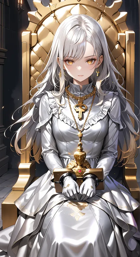 portrait、god々Shining light、( masterpiece, top quality, Ultra High Resolution ),Extremely detailed CG, Japanese woman with pale silver hair,(( beautiful face)),(( long sleeve long dress made of pale silver satin))、((The dress has a simple design without e...
