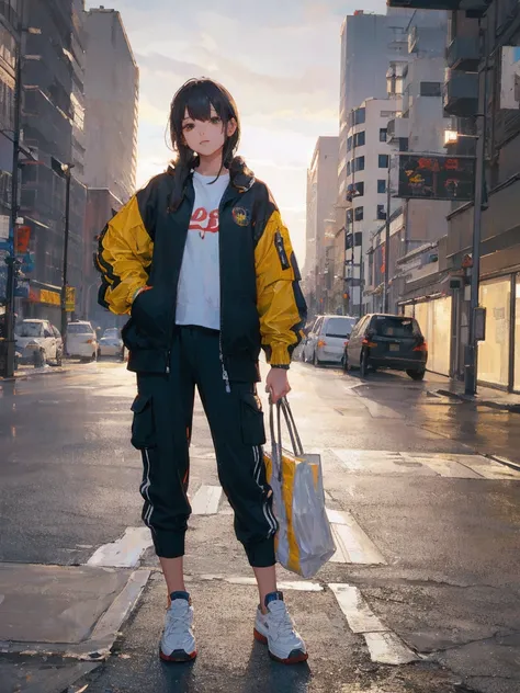 photorealistic， ultra high precision，TOP QUALITY，TOP QUALITY，8k，RAW photo，very detailed，  super high resolution ，( very cute girl)，whole body，1 person， sneakers , cargo pants , oversized jacket