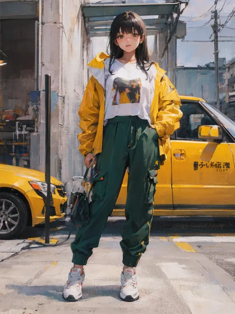 photorealistic， ultra high precision，TOP QUALITY，TOP QUALITY，8k，RAW photo，very detailed，  super high resolution ，( very cute girl)，whole body，1 person， sneakers , cargo pants , oversized jacket