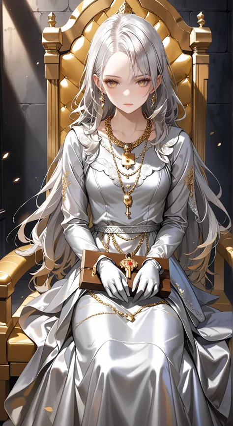 portrait、god々Shining light、( masterpiece, top quality, Ultra High Resolution ),Extremely detailed CG, Japanese woman with pale silver hair,(( beautiful face)),(( long sleeve long dress made of pale silver satin))、((The dress has a simple design without e...