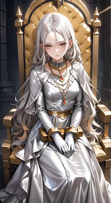 portrait、god々Shining light、( masterpiece, top quality, Ultra High Resolution ),Extremely detailed CG, Japanese woman with pale silver hair,(( beautiful face)),(( long sleeve long dress made of pale silver satin))、((The dress has a simple design without e...