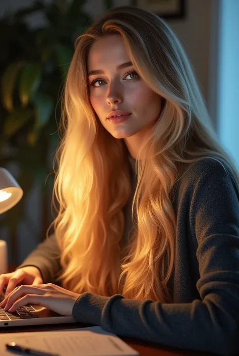 Beautiful blonde girl,  detailed snow, nose, And lips ,  beautiful girl with long blond hair ,  sitting in her office , using her computer, HP computer  ( top quality,4K,8k,high resolution, masterpiece:1.2),초high resolution,( realistic,photo realistic,phot...