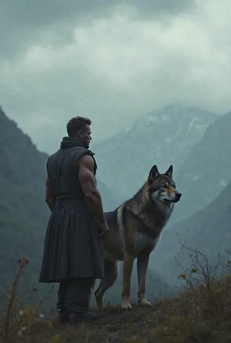 "A strong and muscular man accompanied by a solitary wolf overlooking a misty valley, under a stormy sky, piercing gaze, wind blowing through its fur, blurred mountains in the background, dark lighting on the wolf, realistic details, cinematic realism, hig...