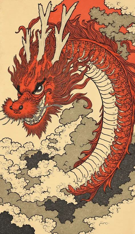 an ukiyo-e depiction of a god dog fighting against a god dragon and phoenix. both animals have japanese motif of curly cloud swirling on their body.