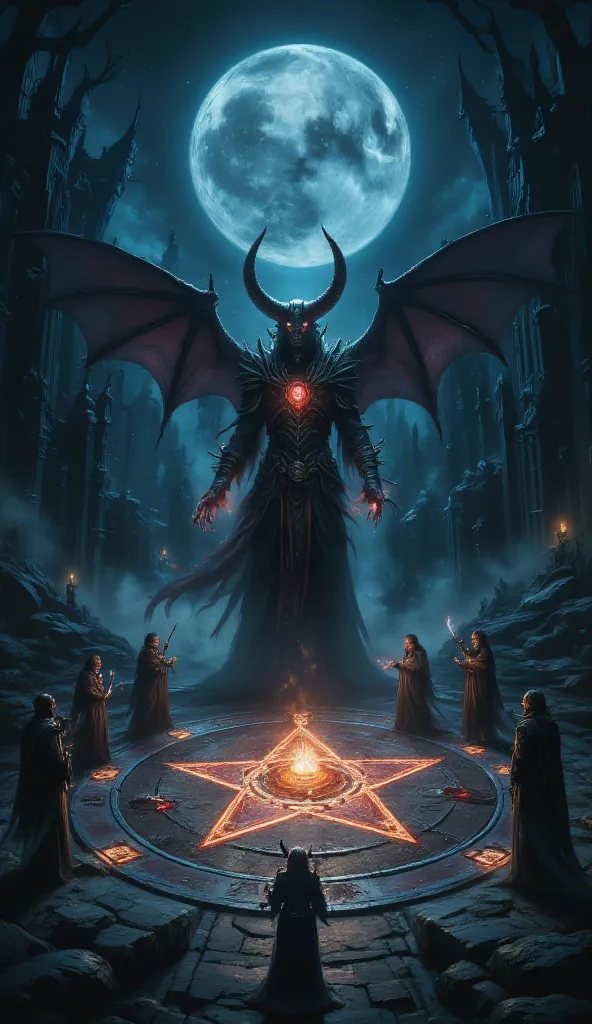  Full Moon Night , 8 mages stand around the huge magic circle, each casting a spell, The center of the five-pointed star in the magic circle shines, A demon with a large horn that has been summoned appears