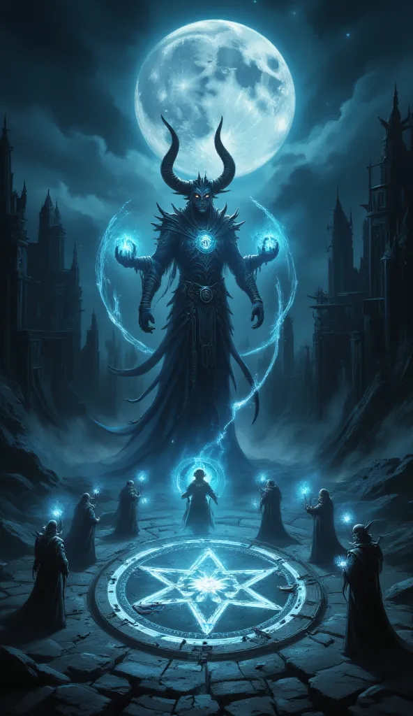  Full Moon Night , 8 mages stand around the huge magic circle, each casting a spell, The center of the five-pointed star in the magic circle shines, A demon with a large horn that has been summoned appears