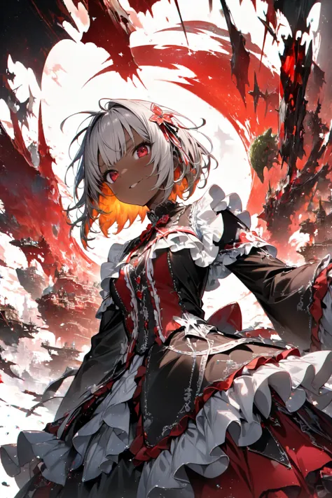 (One girl, Anime Characters),(white ruffle decoration on red gothic lolita clothes:1.5),(ruffled ribbon:1.2),(short hair:1.5,Orange inner color for gray hair,stupid hair,),( brown skin),Sparkling Red Eyes , proud expression,(Jewels and Locks Decorations),
...