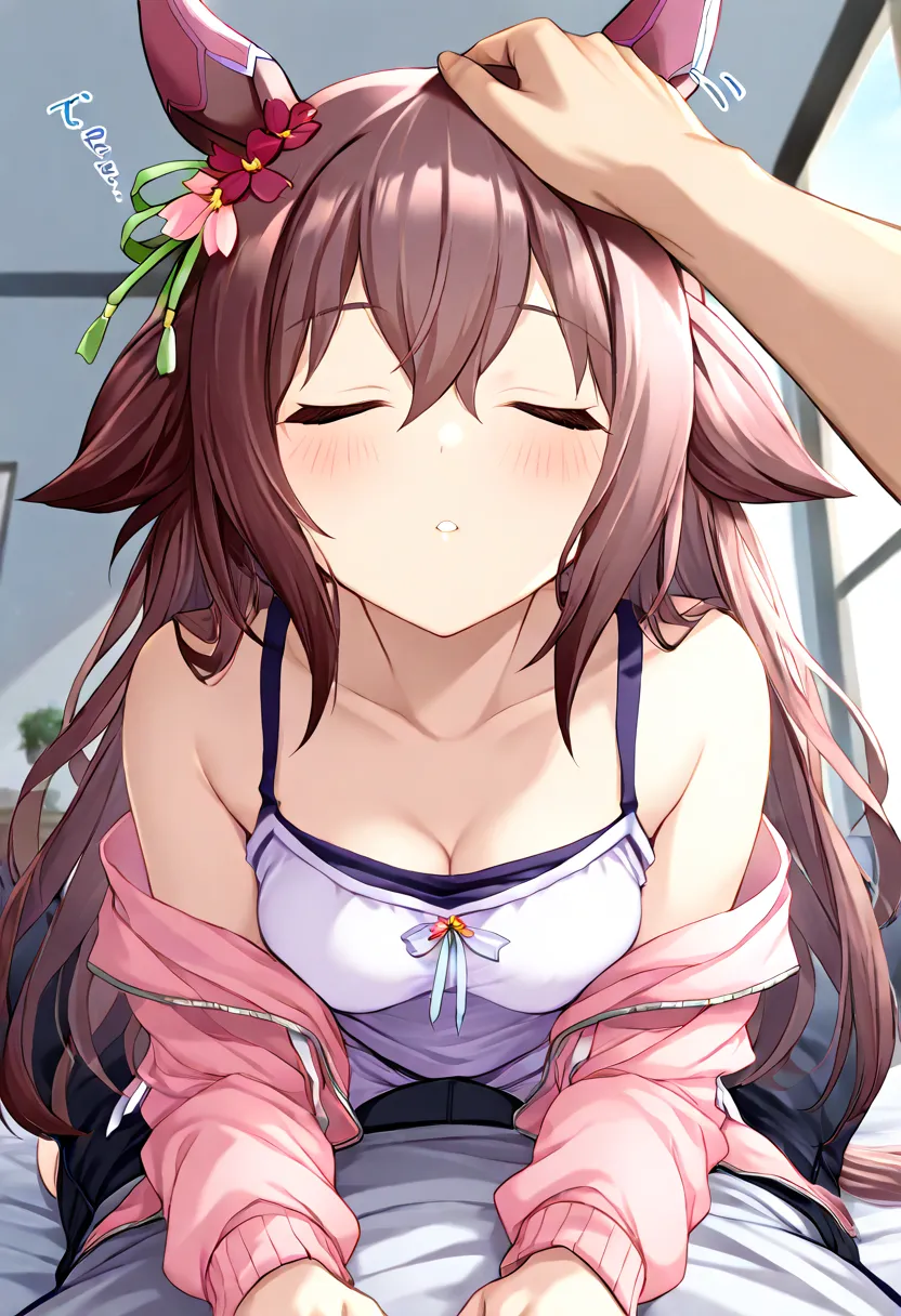 (shoot from front:1.5), (shoot from below:1.5), morning, bedroom, indoor, (1girl), leaning on boy, cheek rest on chest, sleeping, closed eyes, blush, parted lips, white camisole, cleavage, small breasts, breast press, off shoulder, hands on boy, girl on to...