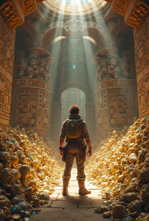 Picture of a room in an Aztec temple full of treasures, jewels and diamonds: a treasure hunter who solves a riddle to get out of the room