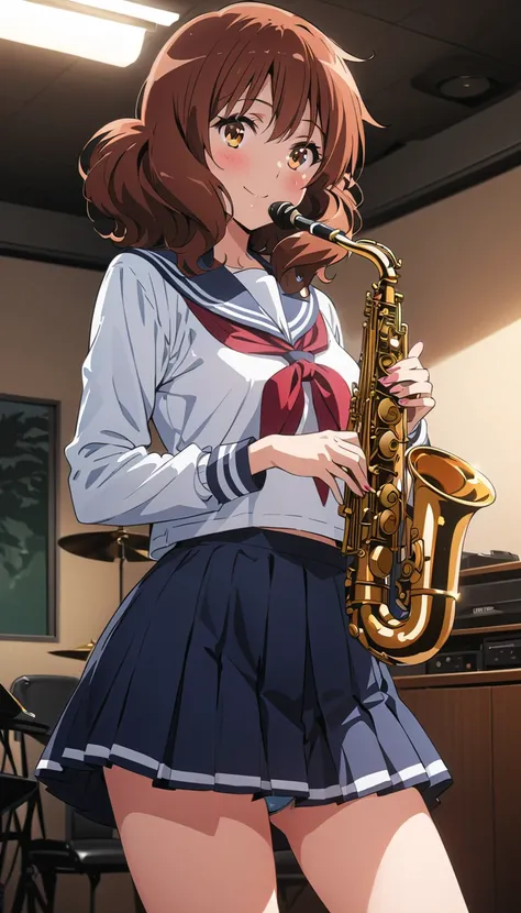 ( beautiful girl : 1.3),1 girl,(Oumae Kumiko),( sailor suit, Long Sleeve, skirt, light blue underwear , pubic hair),smile, is embarrassing,blush,Playing the saxophone,Music Room,evening,masterpiece,TOP QUALITY, super high resolution,rich contrasts,HD,8k, H...