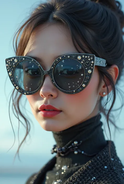  The model wears glass sunglasses,  sunglasses with stars and moon