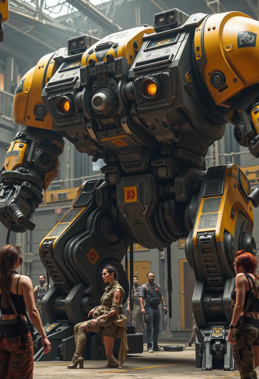 Here is the prompt for your SD model:

Medium-range shot of a steampunk woman sitting in the control room of a large robot in a futuristic factory setting. Mustard yellow and dark gray tones dominate the spacious hangar-like area with industrial structures...