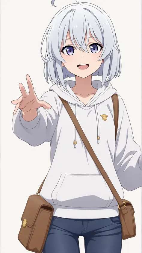 1girl, solo, masterpiece, best quality, front view, (2D: 1.4), (no shading: 1.3), Anime Screencap, strokeless, simple line,
BREAK, Elaina, short hair, white hoodie, medium chest, jeans, smile, open mouth, fairy skins, upper body, bag, 
BREAK,
looking at vi...