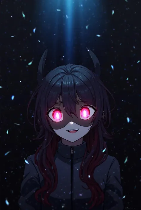 1girl, long hair, black hair, red hair, solo, open eyes, eye_mask, head wings, hair ornament, blunt bangs, light blue spotlight shining down, feathers, dark, falling feathers, evil, mysterious, black background, wind, smiling, jacket, top down view, view f...