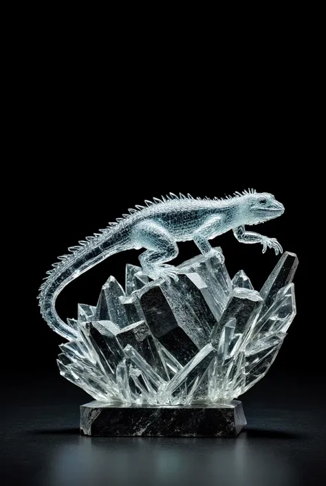 A crystal figurine cut in the form of a lizard crawling over stones. Crystal lizard, granite stones. Black stones, vertical figurine on a stand on a black background