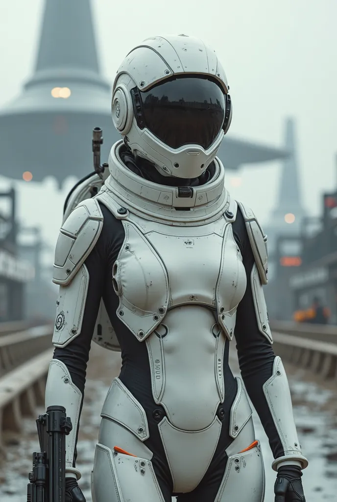 armed female figure in white sci-fi spacesuit, on spaceport, sci-fi ship in the background, overcast, lots of fine detail, sci-fi movie style, photography, natural textures, natural light, natural blur, photorealism, cinematic rendering, ray tracing, highe...