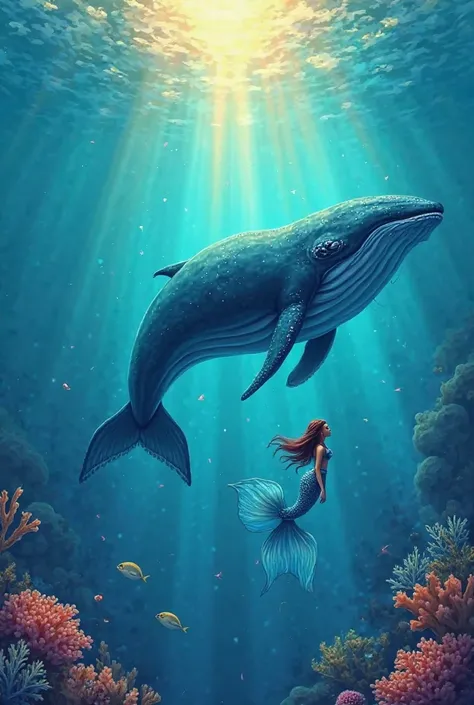 swims next to Azul (الحورية) The mermaid (The blue whale) . The contrast between the size of the whale and the paper of the mermaid, while highlighting the light emitted by her tail.
 Colors : in a column of light coming down from the surface of the water,...