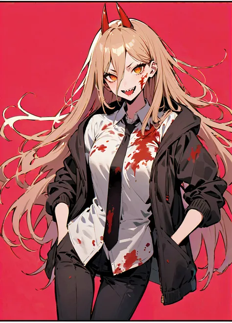 1girl,power \(chainsaw man\),chainsaw man,+ +,black necktie,border,collared shirt,grin,hair between eyes,hemokinesis,horns,jacket,looking at viewer,necktie,open clothes,open jacket,outside border,red horns,sharp teeth,shirt,smile,solo,teeth,white shirt,blo...