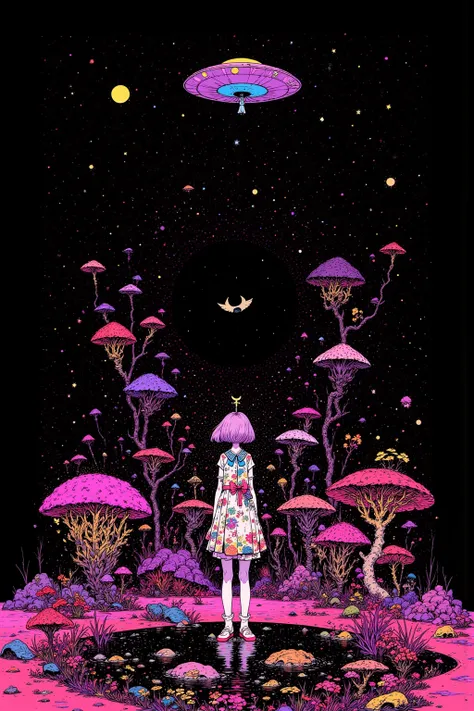  Digital Rendering ,Disc-shaped UFO and girl looking up,Plants and Stars Drawn in Vivid Colors on the Theme of Nature and Space々 and fantastical landscapes,Infinity of the Universe and the Mysteries of Nature,Purple lake ,Repetition and dissolution,Geometr...