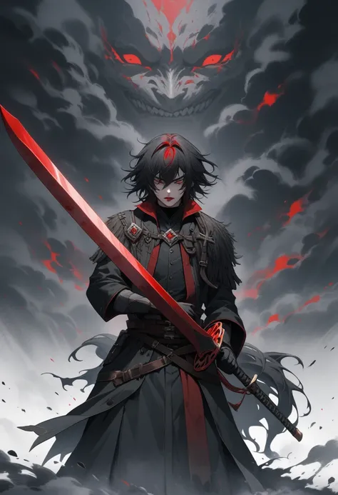 The background is black fog . and、 and there were countless real red lipstick kiss marks floating there。In the center, an adventurer man is brandishing his sword like he's crazy。
