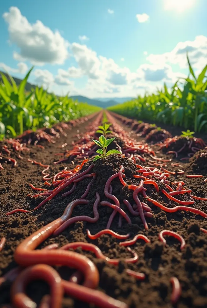 **"A vibrant and highly detailed image of a vast agricultural field with numerous small piles of earthworms arranged systematically in neat rows. These earthworms are actively producing organic fertilizer (vermicompost), making the rich, dark soil appear m...