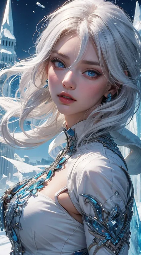 White Silk Girl, (White Hair), ((big hair)), double eyelid, perfect figure, beautiful face, perfect skin, (blue eyes:1.2), Snow-Princess, Ice Age, Ice Palace, (Clothing made from Ice:1.3)