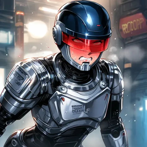 Femboy, Robocop, Pretty face, Beauties, Lean and muslular, fullface blush, wavy mouth, clenched mouth, rolling eyes, saliva, sweat,boy, short hair, fullface blush, wavy mouth, clenched mouth, rolling eyes, saliva, sweat, , solo, assault visor, cyborg, scie...