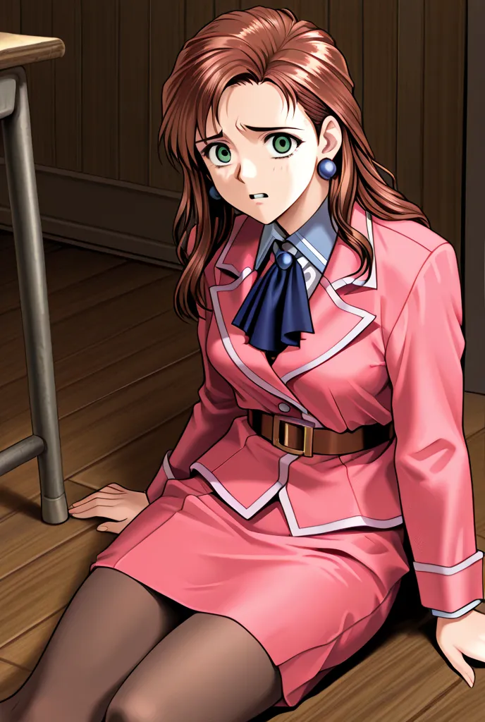 1 girl, solo, brown hair,  long hair,  green eyes,  normal breasts ,  jewelry, earrings, formal,  pink jacket ,  collared jacket,  shirt,  Long Sleeve, navy blue ascot, belt, pink skirt, pencil  skirt,  pantyhose,  indoor, old wooden classroom,  is frighte...