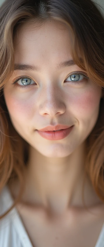 a close-up portrait of a young woman with a smooth, fair complexion. Her wavy, medium-brown hair frames her face softly, falling just past her shoulders and blending gently into the out-of-focus, light background. She has striking, pale blue eyes, with a s...