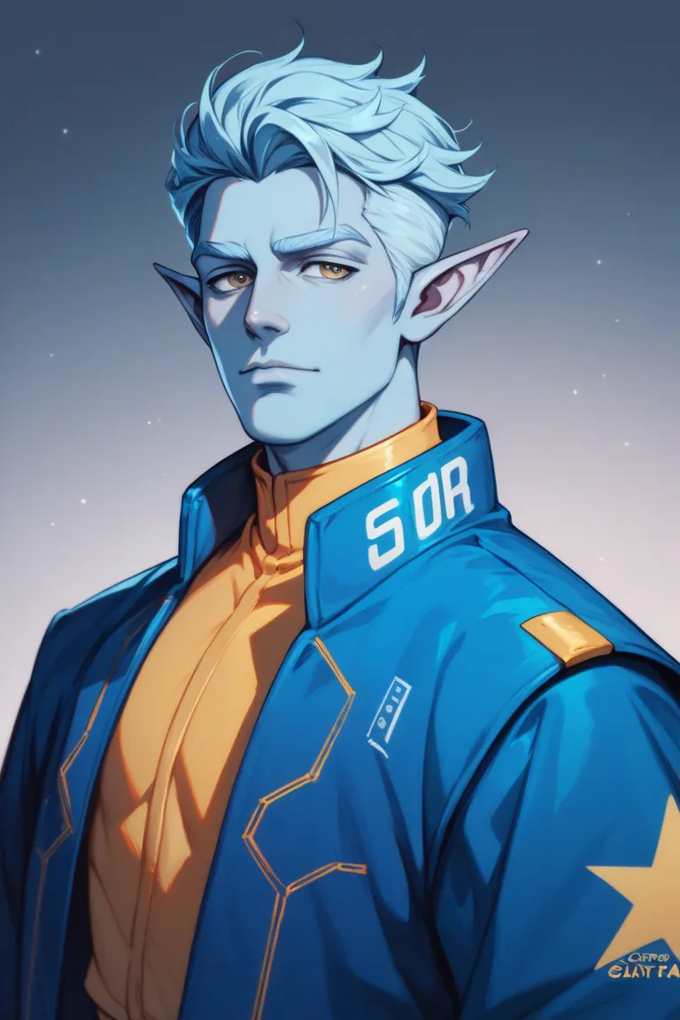 masculine alien man with soft blue skin, pointed ears, golden and white style, stary stage, popstar, trendy futuristic vibe, loose flowy clothes, mature expression, muted vibe. Royal, monk. ethereal, regal. 