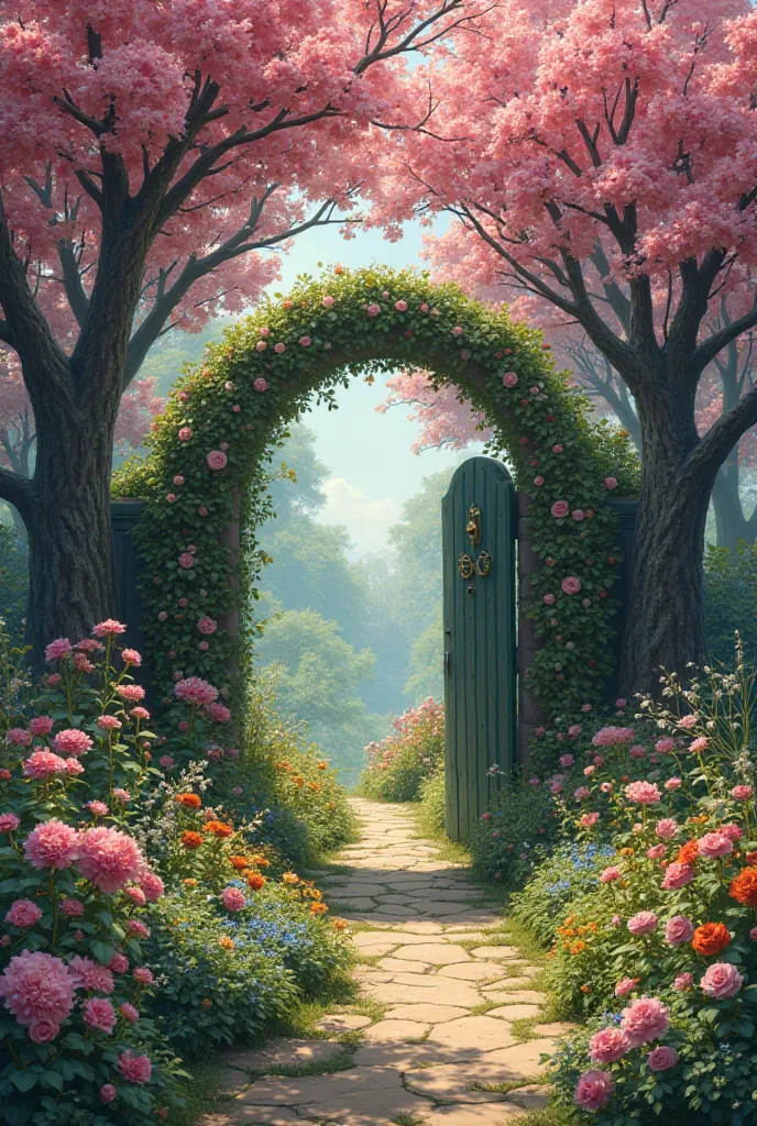 Garden gate photography with different trees and marvelous flowers blossom treeblooming 