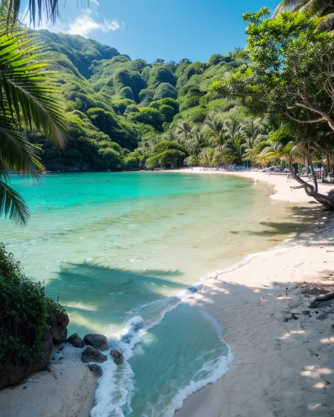 A breathtaking Okinawan beach with crystal clear turquoise ocean, soft white sand, and a bright blue sky, photographed with a single-lens reflex camera. Gentle waves lap against the shore and sunlight sparkles on the water. The beach is calm, surrounded by...