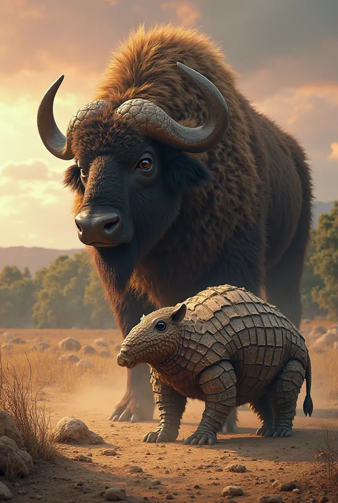 A massive hybrid creature combining the powerful presence of a buffalo with the armored resilience of an armadillo, standing side by side in a rugged natural landscape. The buffalo, towering and muscular, has a thick, dark brown coat with a shaggy mane aro...