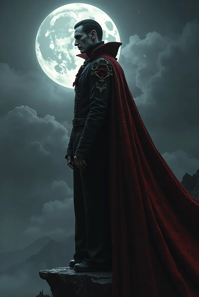 A vampire in profile with a black and red cape, on the edge of a precipice looking down with the full Moon in the background