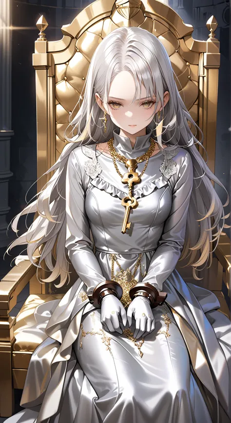 portrait、god々Shining light、( masterpiece, top quality, Ultra High Resolution ),Extremely detailed CG, Japanese woman with pale silver hair,(( beautiful face)),(( long sleeve long dress made of pale silver satin))、((The dress has a simple design without e...