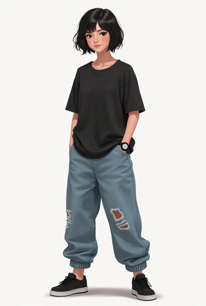 Create a 2D digital illustration of a young girl with short black hair, wearing a black shirt and loose-fitting baggy jeans. She has black sneakers on her feet and a black watch on her wrist. The background should be simple and modern, complementing her st...