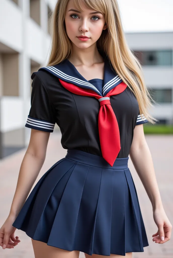 (  nothing ), (8k), ( very detailed), ( Stylish High School Student Standing in the Background of the School Building :1.5), ( Top Quality), (  masterpiece),   thin waist, ( Anatomically Accurate)),( white skin),( Perfect Navy Sailor Suit and Pleated Minis...