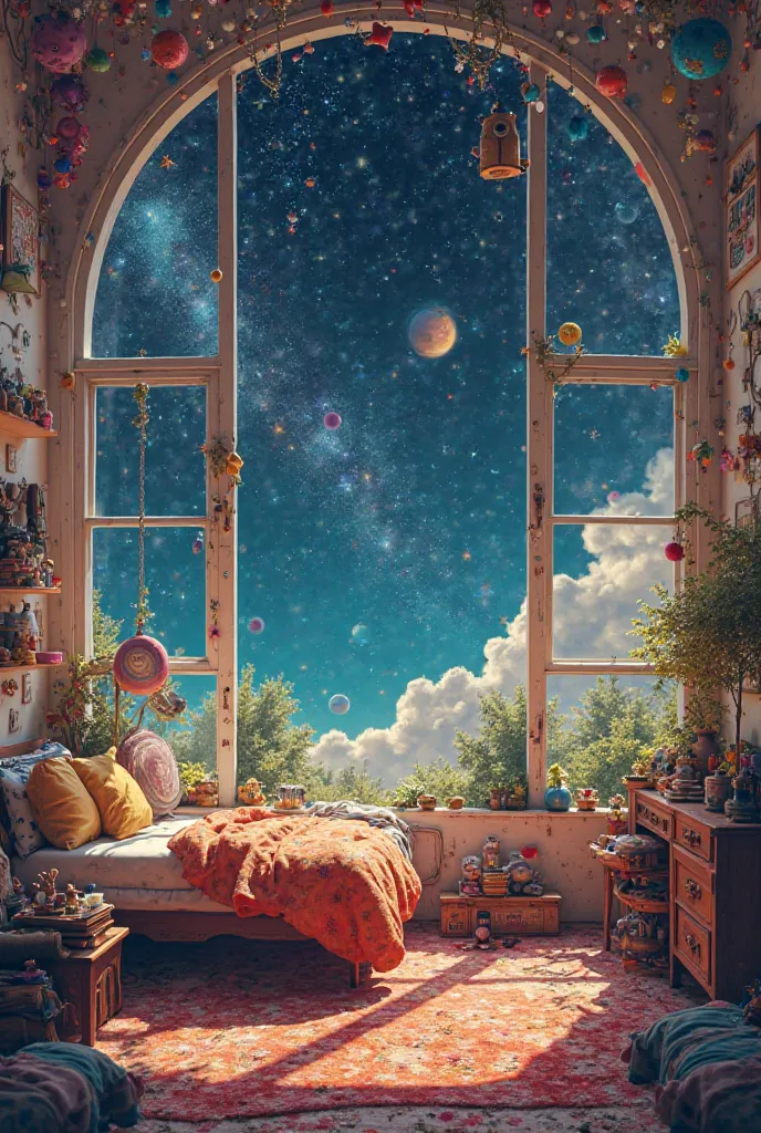 Make an image written in Guiii's room with the background of a universe 