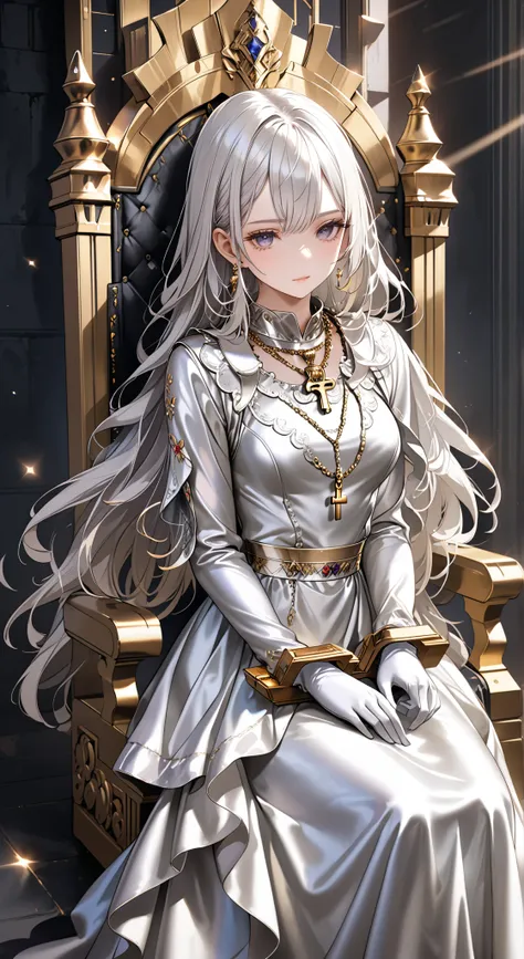 portrait、god々Shining light、( masterpiece, top quality, Ultra High Resolution ),Extremely detailed CG, Japanese woman with pale silver hair,(( beautiful face)),(( long sleeve long dress made of pale silver satin))、((The dress has a simple design without e...