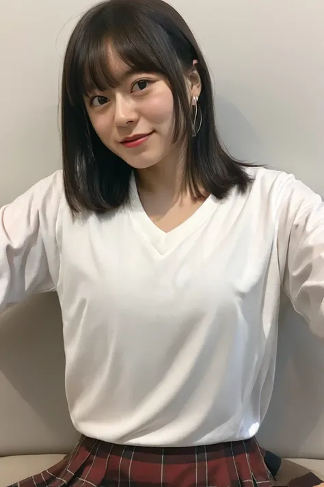 ponytail hair、 White School Shirt  :1.2), ( plaid skirt :1.3)、 Japanese high school girl's uniform,、 school uniform､white shirt、miniskirt､ WHITE LOOSE SOCKS 、 red ribbon、､ ear piercing､ black eyeshadow､black eyeliner､彼女は金髪のponytail hairで性的、  ､A state where...