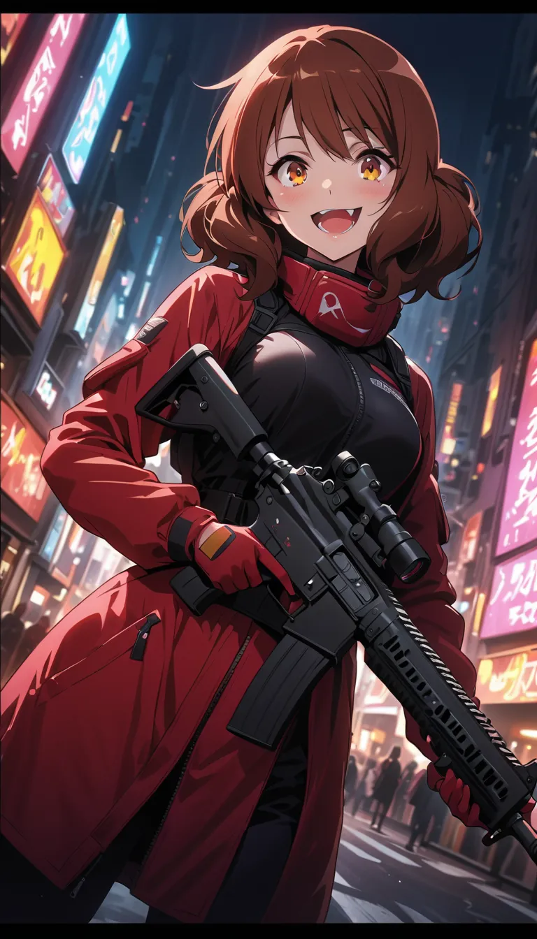 ( beautiful girl : 1.3),1 girl,(Oumae Kumiko),(protective clothing,headband,Assault rifle), Crazy Smile ,Reckless attitude,Evil face,Provocative attitude, with sharp eyes ,Assault rifleを撃つ, cyberpunk, Neon Streets at Night,Machine City,Dynamic Angle,master...