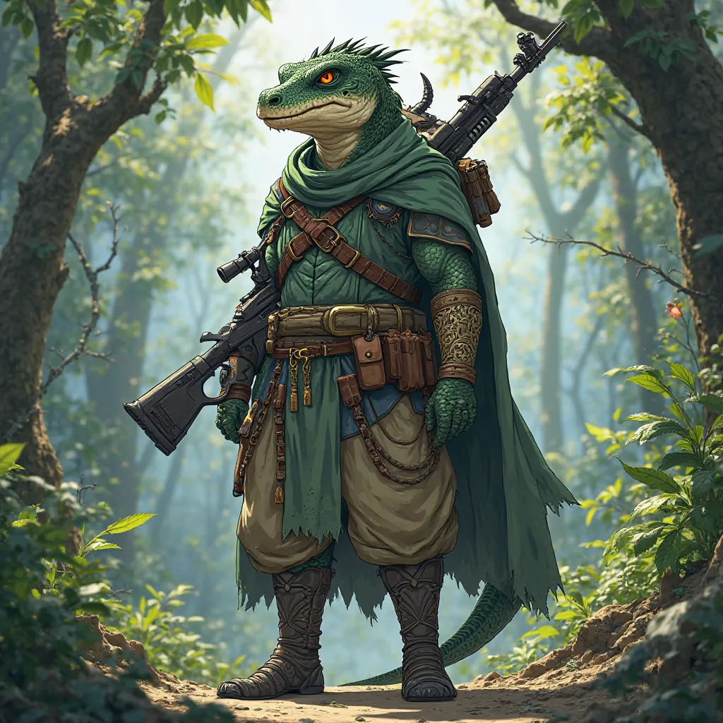  please , based on the legacy Anuro, create an image of an anuro wearing ranger clothing with a sniper hanging around his back and a dagger around his waist. anime style

