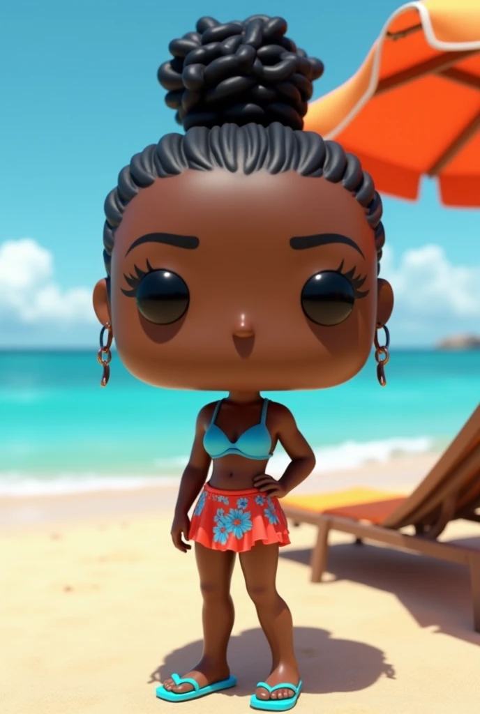 Create a Funko Pop of a black woman , Curly black hair tied up , thin waist slim body,blue flip flops Slim body thin waist. Funko Pop must be wearing a neon blue beach bikini with red and a printed beach skirt .Red printed with blue flowers. Wearing glasse...