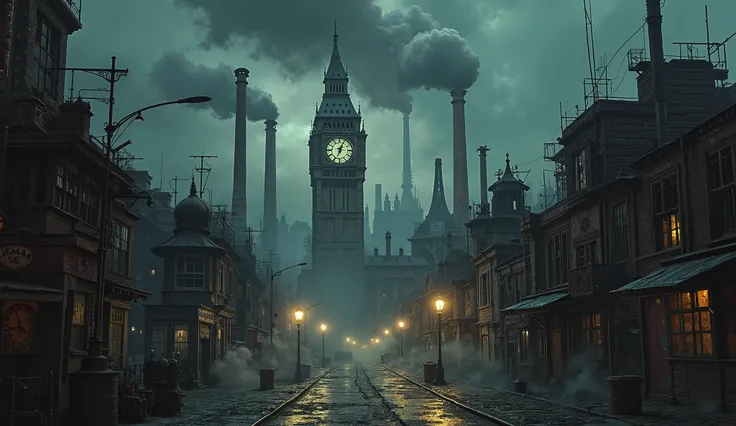 "A dark, dystopian steampunk cityscape at night, filled with towering smokestacks releasing plumes of black smoke into a cloudy, stormy sky. Gas lamps illuminate narrow cobblestone streets lined with rusted metal buildings and broken windows. In the distan...