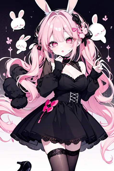    1 girl, Accurate depiction down to the smallest detail , Extremely Accurate Face,  white skin,  detailed makeup,  red lips,  pink eye,  short twin tail, medium,  light pink hair,  Rabbit Ears,  beautiful big breasts , noble black lace dress, long sleeve...