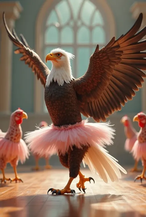 an eagle making an arabesque on the stand with a light pink tutu, in a ballet room, In the backstory there are chickens with a pink tutu. 3D IMAGE.