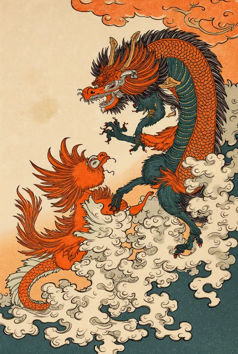 an ukiyo-e depiction of a god dog fighting against a god dragon, god phoenix, both animals have japanese motif of curly cloud swirling on their body.