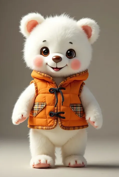 An adorable little white bear with a soft, fluffy coat, big glowing eyes and a small, rounded snout. He has rosy cheeks and a friendly, happy expression. The little bear is wearing an orange quilted vest with plaid details and front drawstring closures